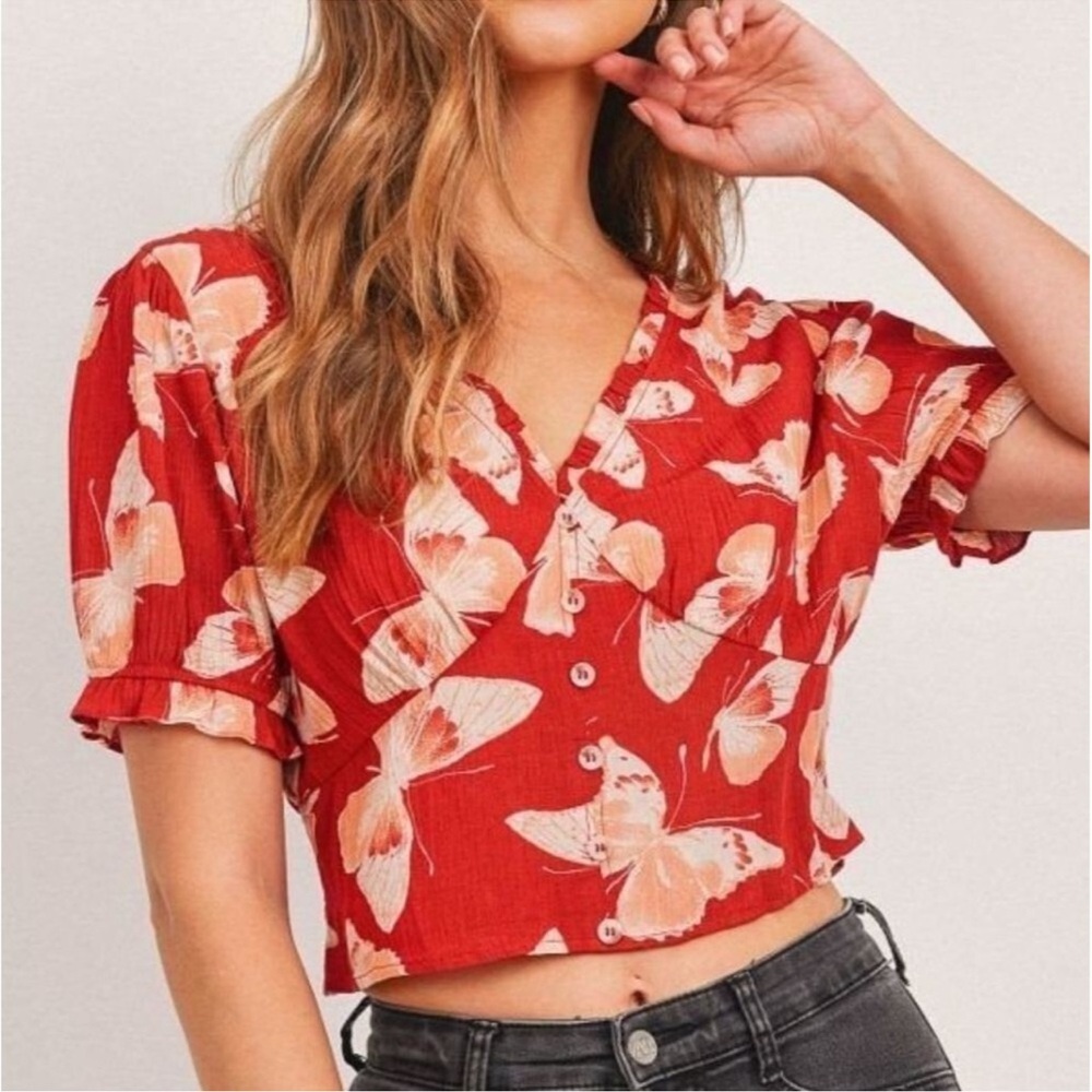 Paper Crane Butterfly Vneck Crop Smocked Back Waist Coral